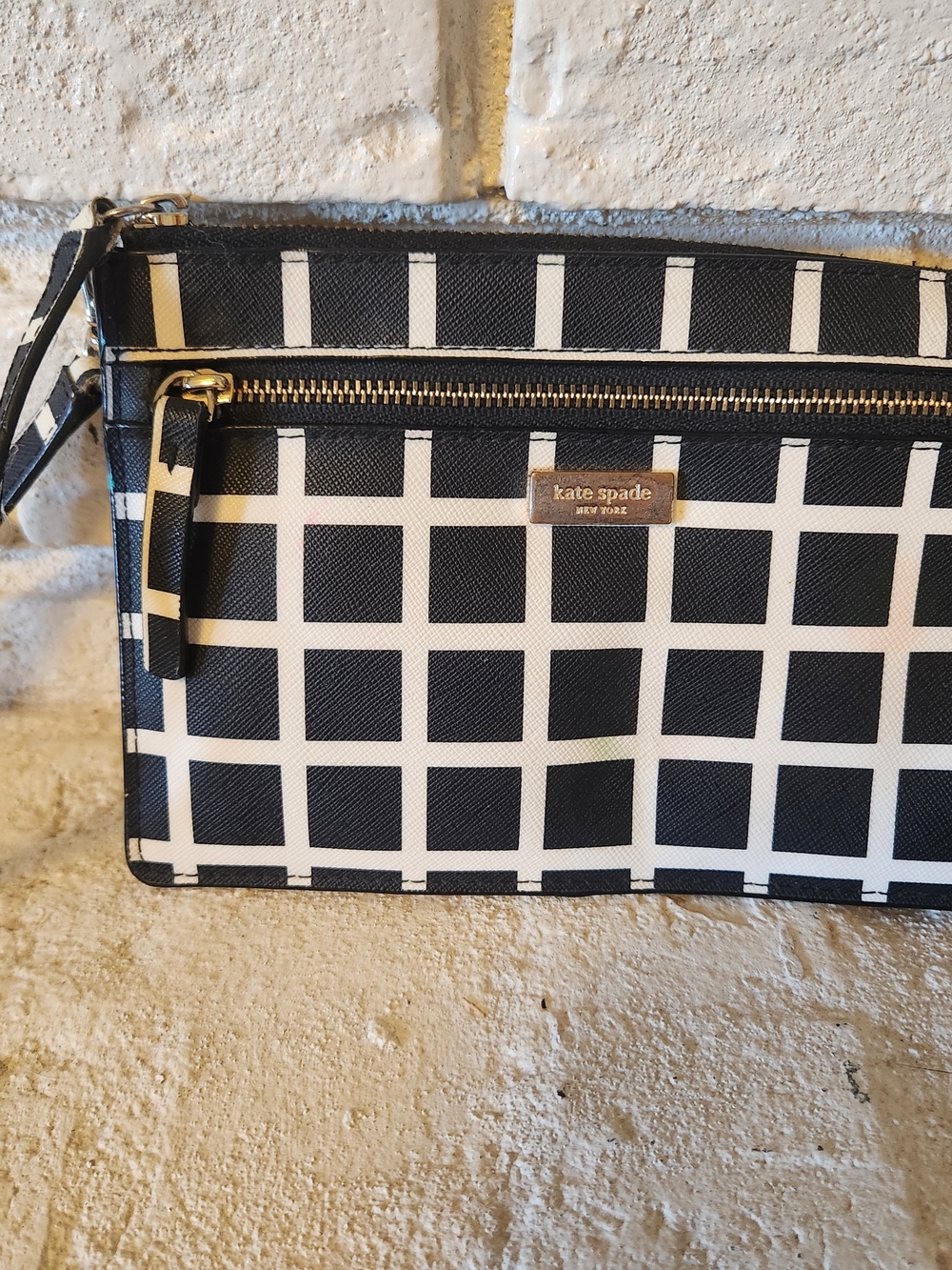 kate spade Black and White Grid Wristlet Clutch with Gold Hardware